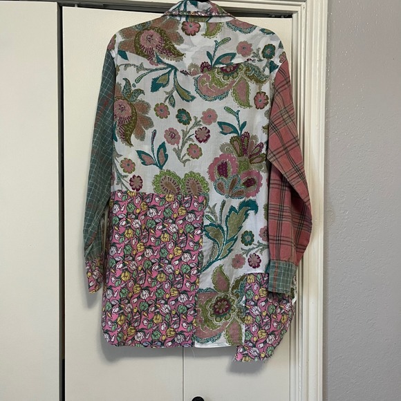 Blue Velvet Patchwork Floral Plaid Button Down Shirt Womens Size M - Picture 2 of 5